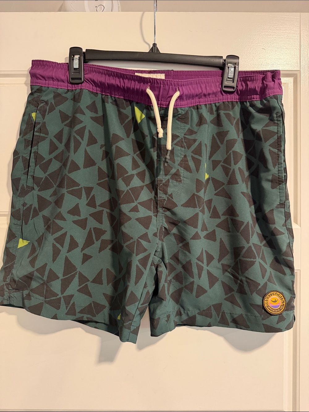 Fayettechill Men's Green Geometric Swim Shorts with Purple Waistband